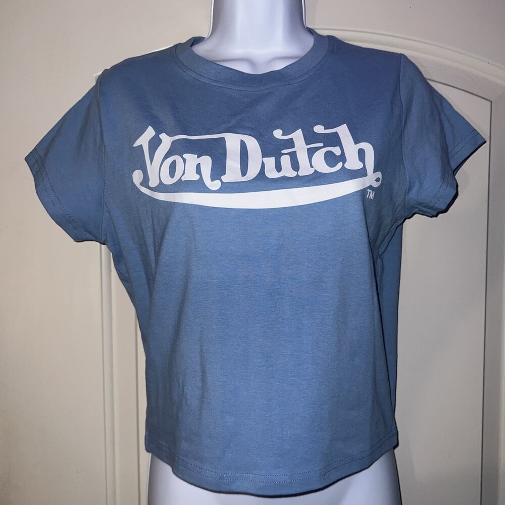 NWT Women’s Von Dutch Stretchy Baby Cropped Tee / Blue / White Logo / XL